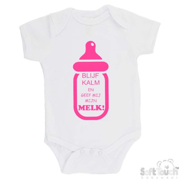 BS4650 Rompertje wit bedrukt met de tekst "Blijf kalm en geef mij mijn melk!" in verschillende lieve kleurtjes. - Afbeelding 2