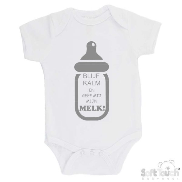 BS4650 Rompertje wit bedrukt met de tekst "Blijf kalm en geef mij mijn melk!" in verschillende lieve kleurtjes. - Afbeelding 4