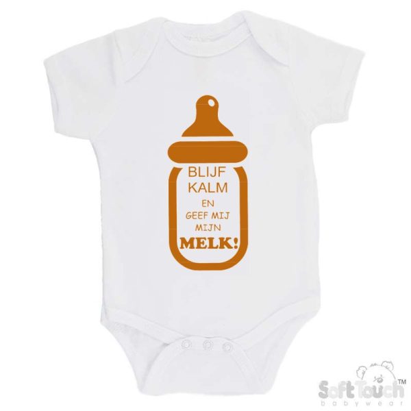 BS4650 Rompertje wit bedrukt met de tekst "Blijf kalm en geef mij mijn melk!" in verschillende lieve kleurtjes. - Afbeelding 5