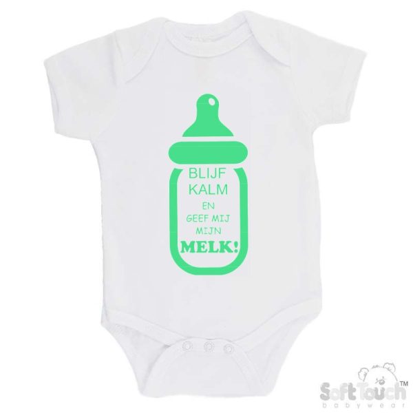 BS4650 Rompertje wit bedrukt met de tekst "Blijf kalm en geef mij mijn melk!" in verschillende lieve kleurtjes. - Afbeelding 7