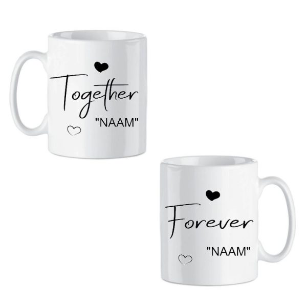 2-Pack Gepersonaliseerde Subli-Print Keramische Mokken 330 ML "Together Forever" met namen in drie lieve kleurtjes - Afbeelding 2