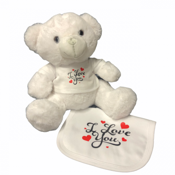 TB325 Witte knuffelbeer met shirtje + slabber "I love you"